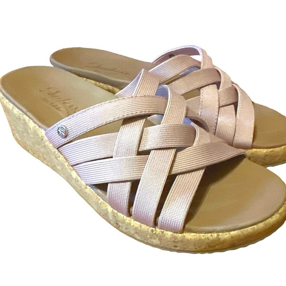 Sketcher Archfit women's cork heel comfort sandals strappy slide-on pink mauve 8